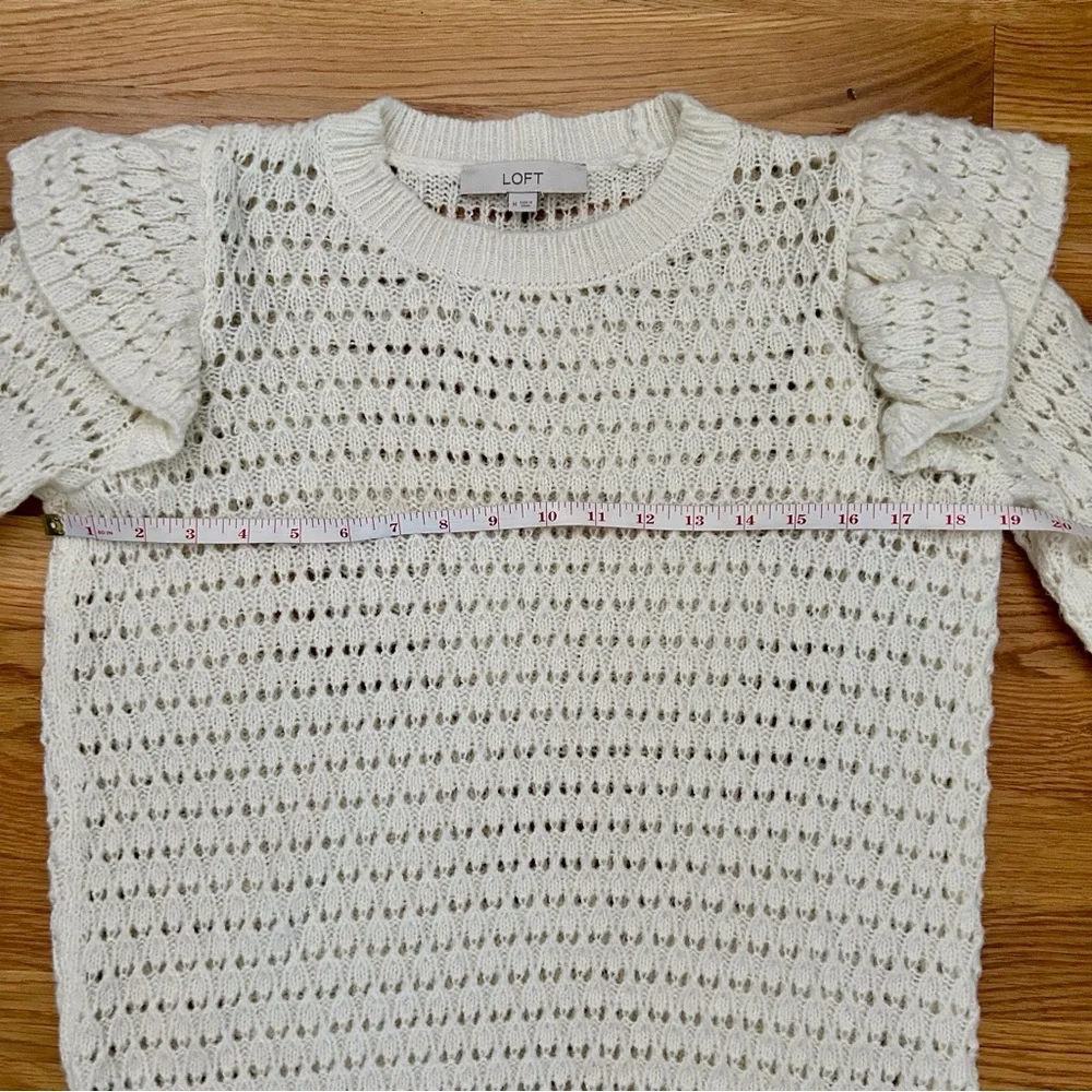 LOFT Cream Ruffle Shoulder Crewneck Knit Pull Over Sweater - Picture 9 of 12